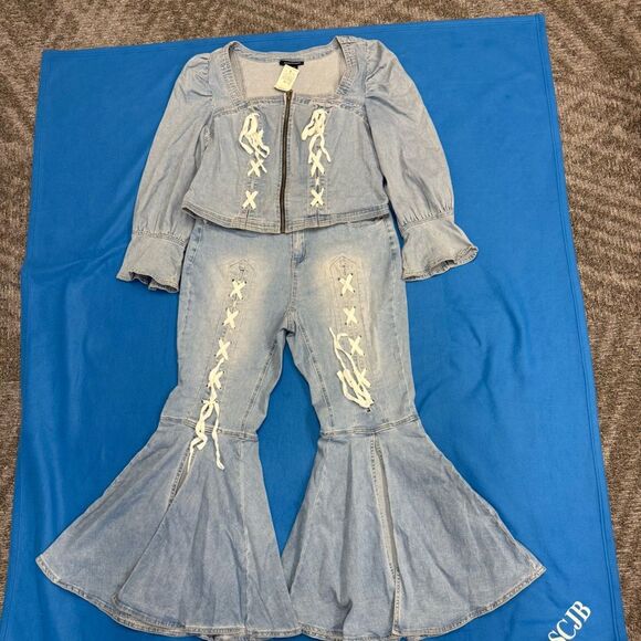 Ashley Stewart Light Blue Denim Jean set Lace up top size 14/16 jeans size 14 - Picture 2 of 14